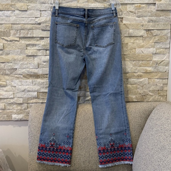 Tory Burch Myers Cropped Ankle Denim Jeans | Fray Hem | Embroidered | Size 28 - Picture 9 of 12